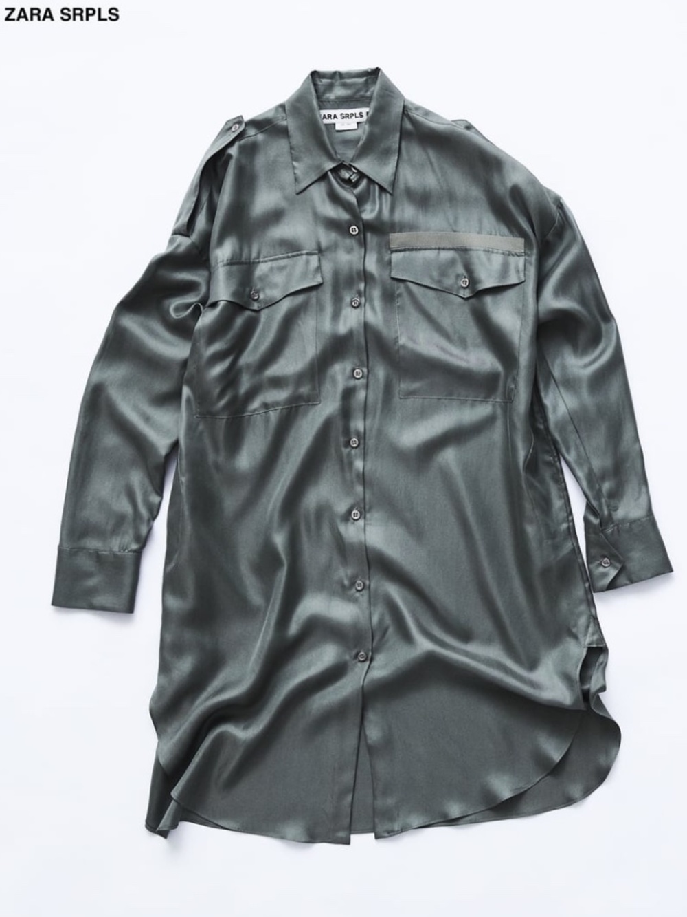 Zara SRPLS 100% Silk Military Green Oversized Shirt Dress